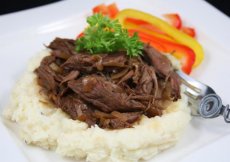 French Onion Beef over Garlic Mashed Potatoes