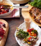 Tapas feast: tortilla, glazed chorizo, ...