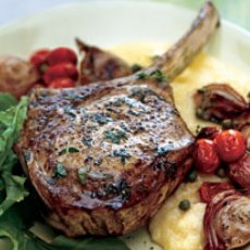 Roasted Veal Chops with Shallots, Tomatoes, and Olive Jus