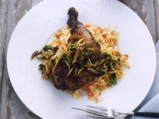 Crispy Chicken Leg Confit with Couscous and Olives