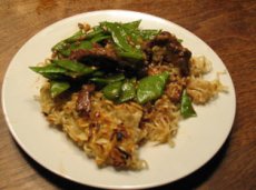 Stir-Fry Beef and Snow Peas with Ramen Noodle Cake