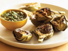Grilled Artichokes with Green Olive Dip
